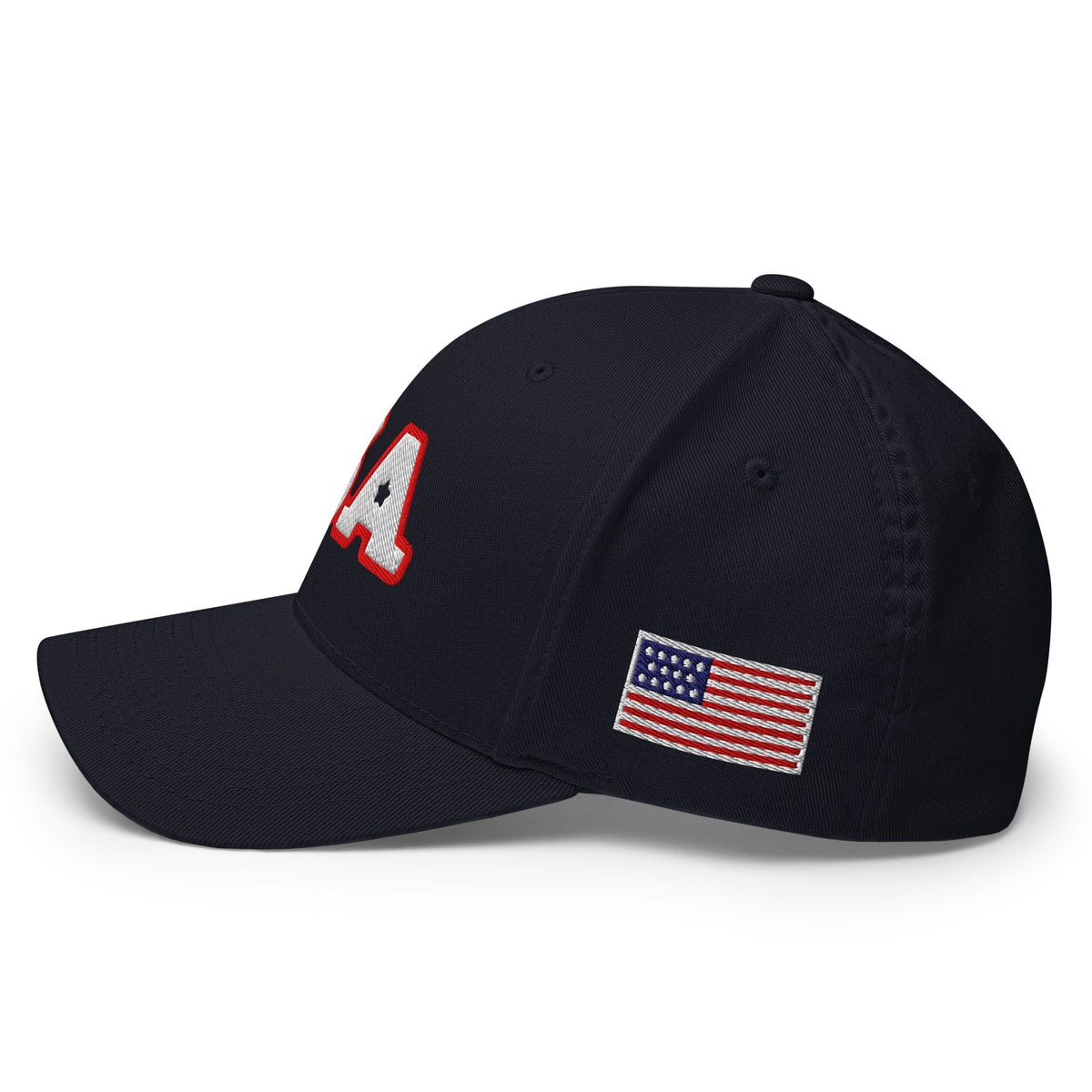 USA Puff Star A Varsity Premium Embroidered Flexfit Cap in Navy left side flag | True American