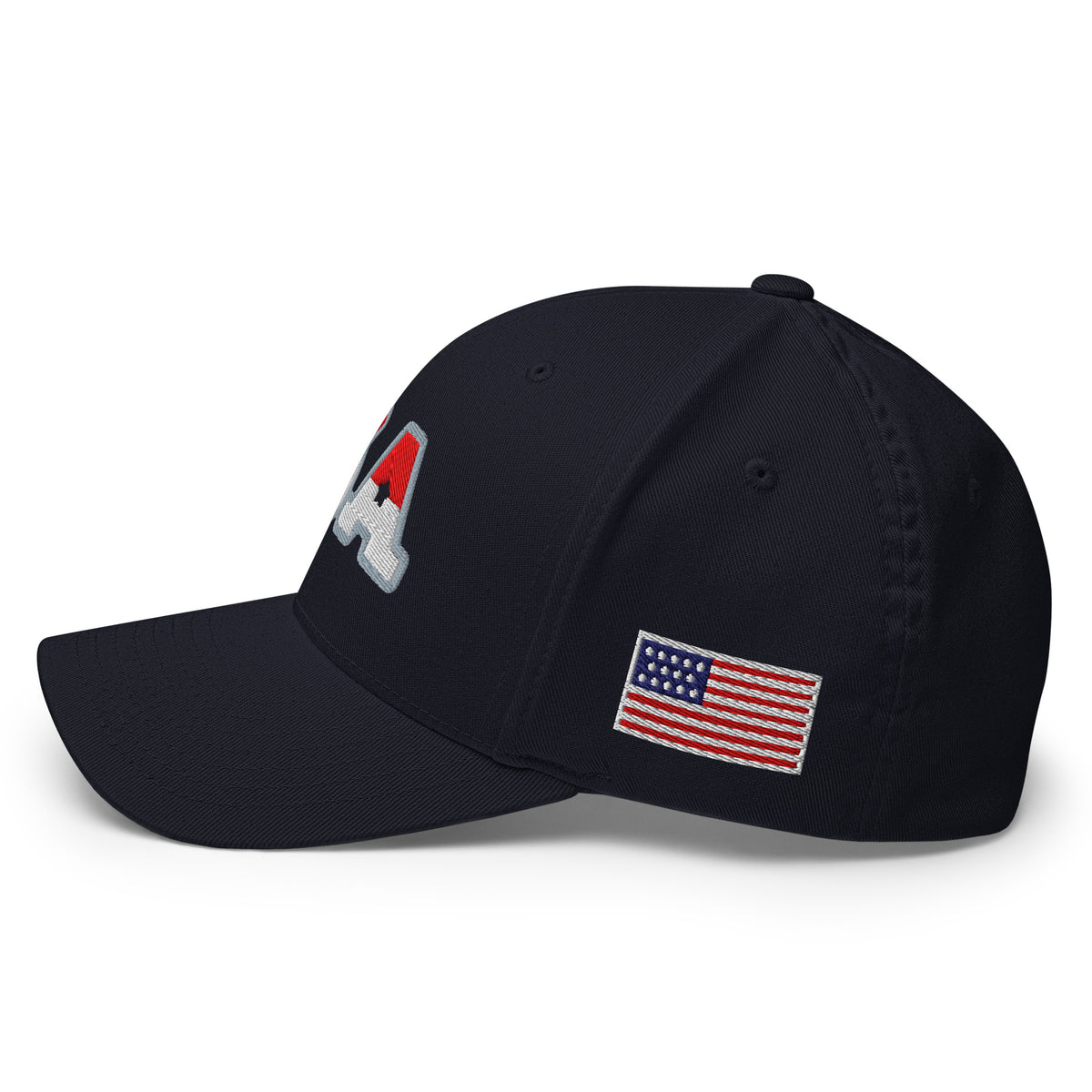 USA Puff Arched Split Premium Embroidered Flexfit Cap in Navy left side flag | True American