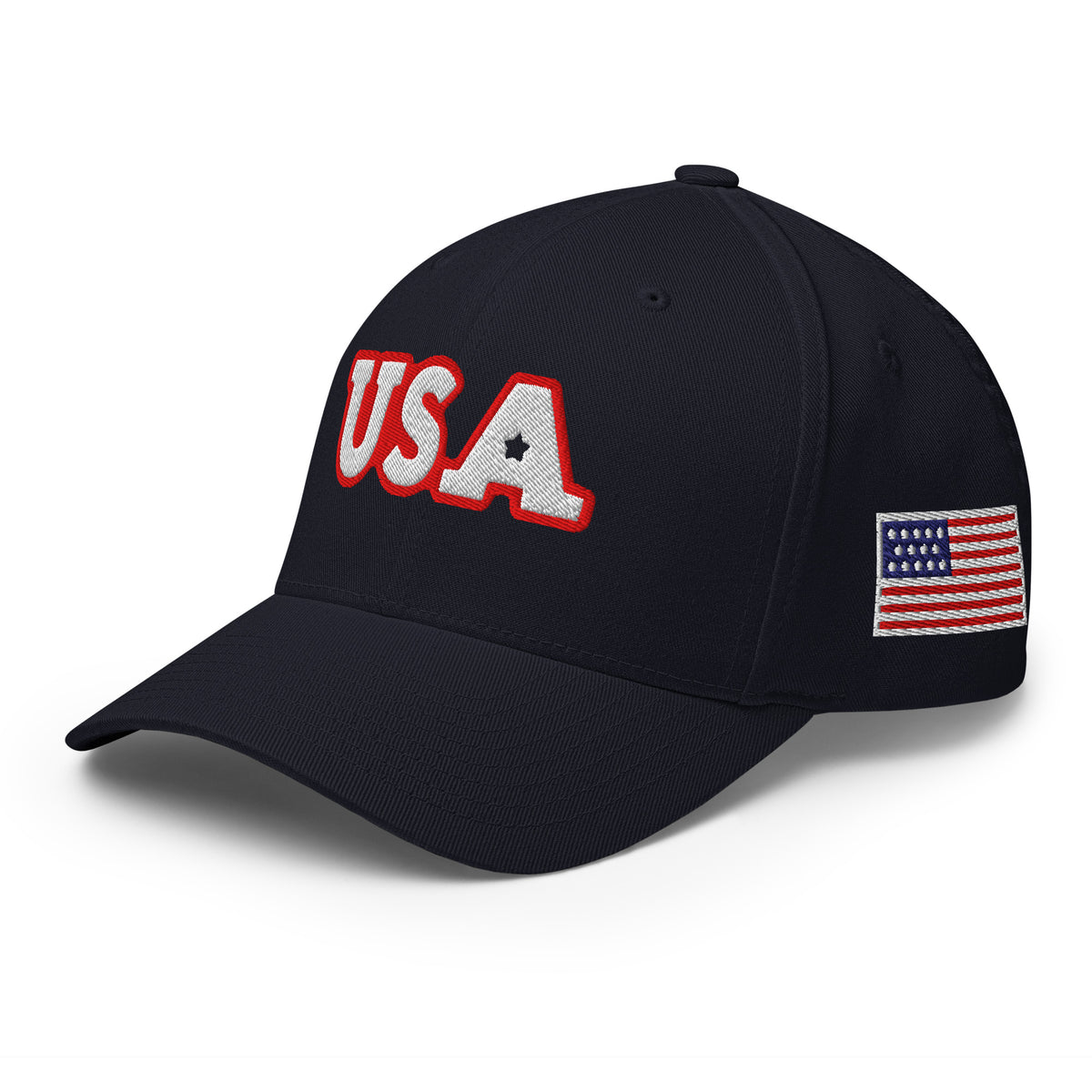 USA Puff Star A Varsity Premium Embroidered Flexfit Cap in Navy left front with side flag | True American