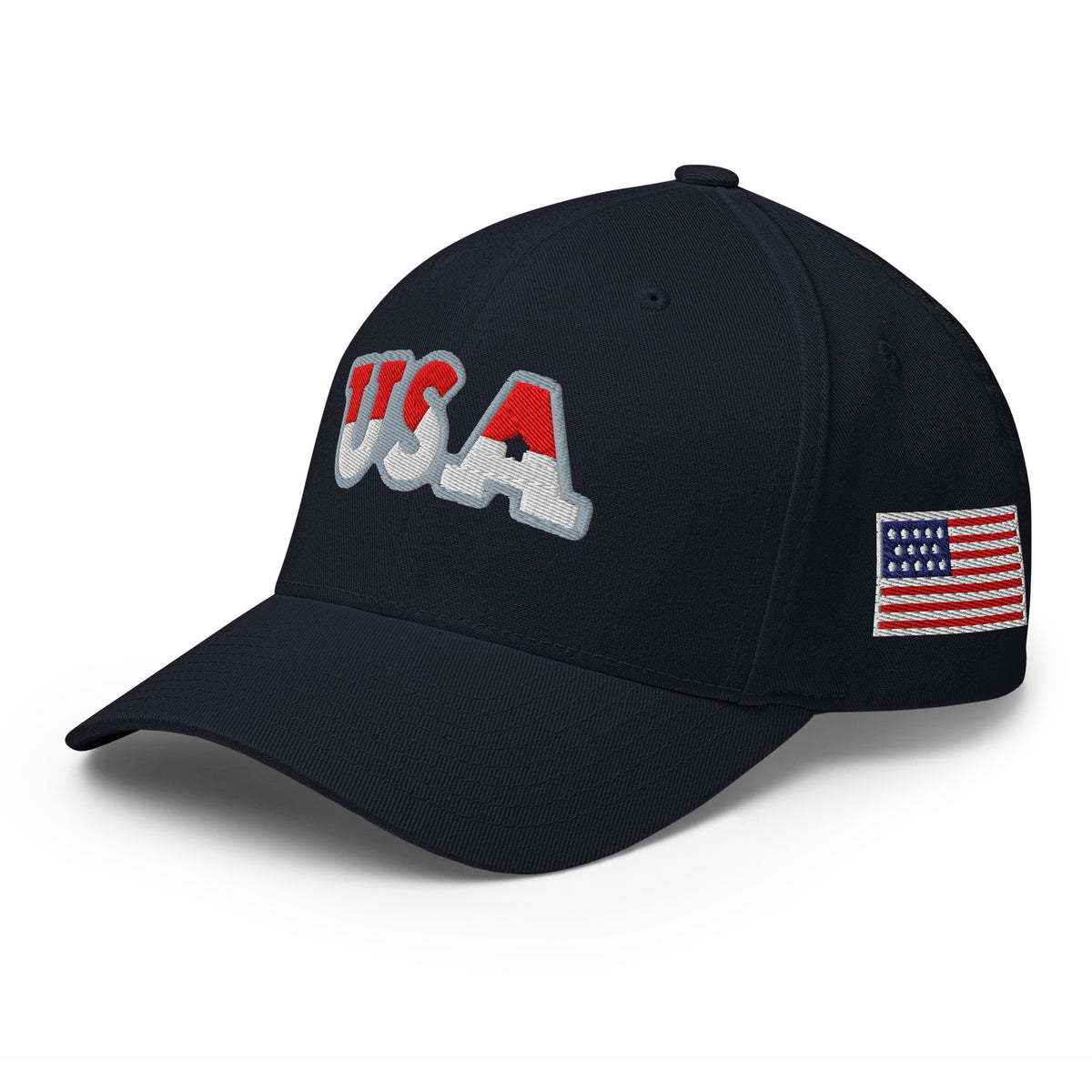 USA Puff Arched Split Premium Embroidered Flexfit Cap in Navy left front with side flag | True American