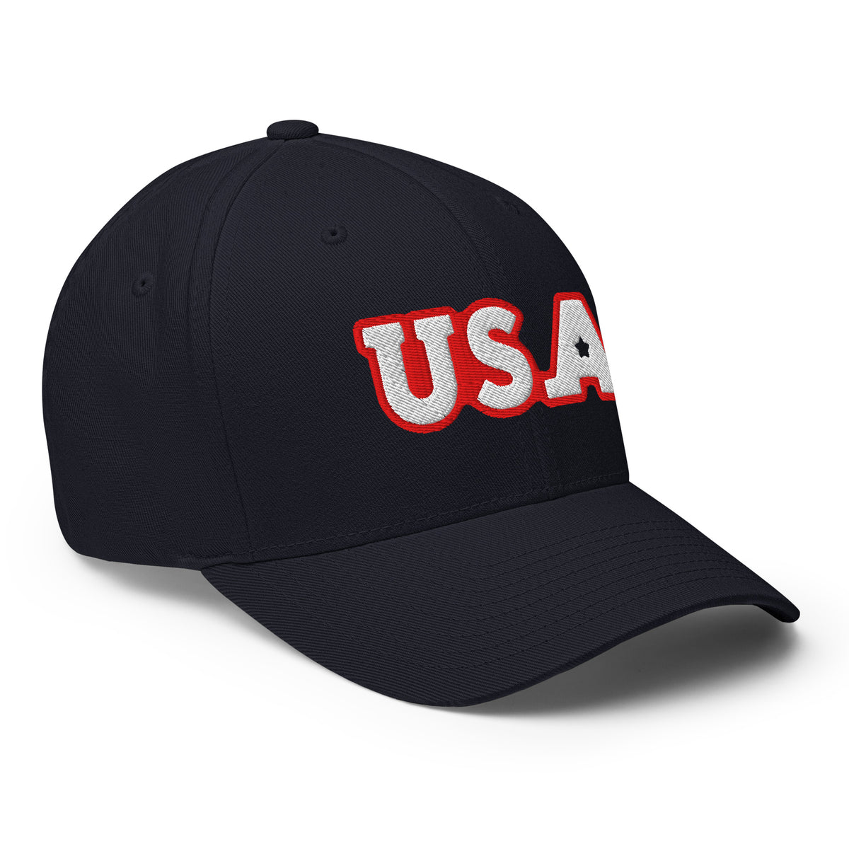 USA Puff Star A Varsity Premium Embroidered Flexfit Cap in Navy right front | True American