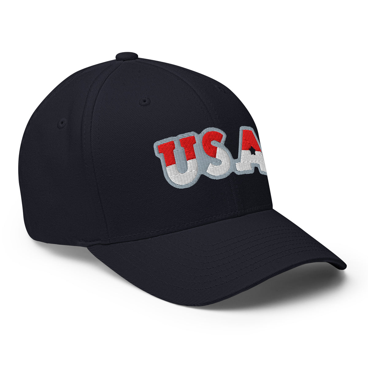 USA Puff Arched Split Premium Embroidered Flexfit Cap in Navy right front | True American