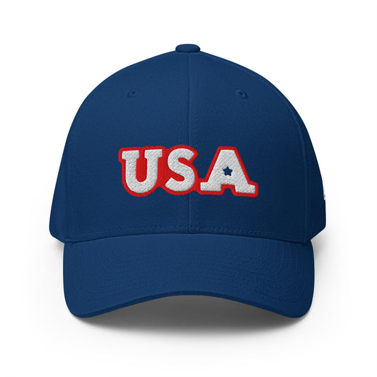 USA Puff Star A Varsity Premium Embroidered Flexfit Cap in Royal Blue front | True American