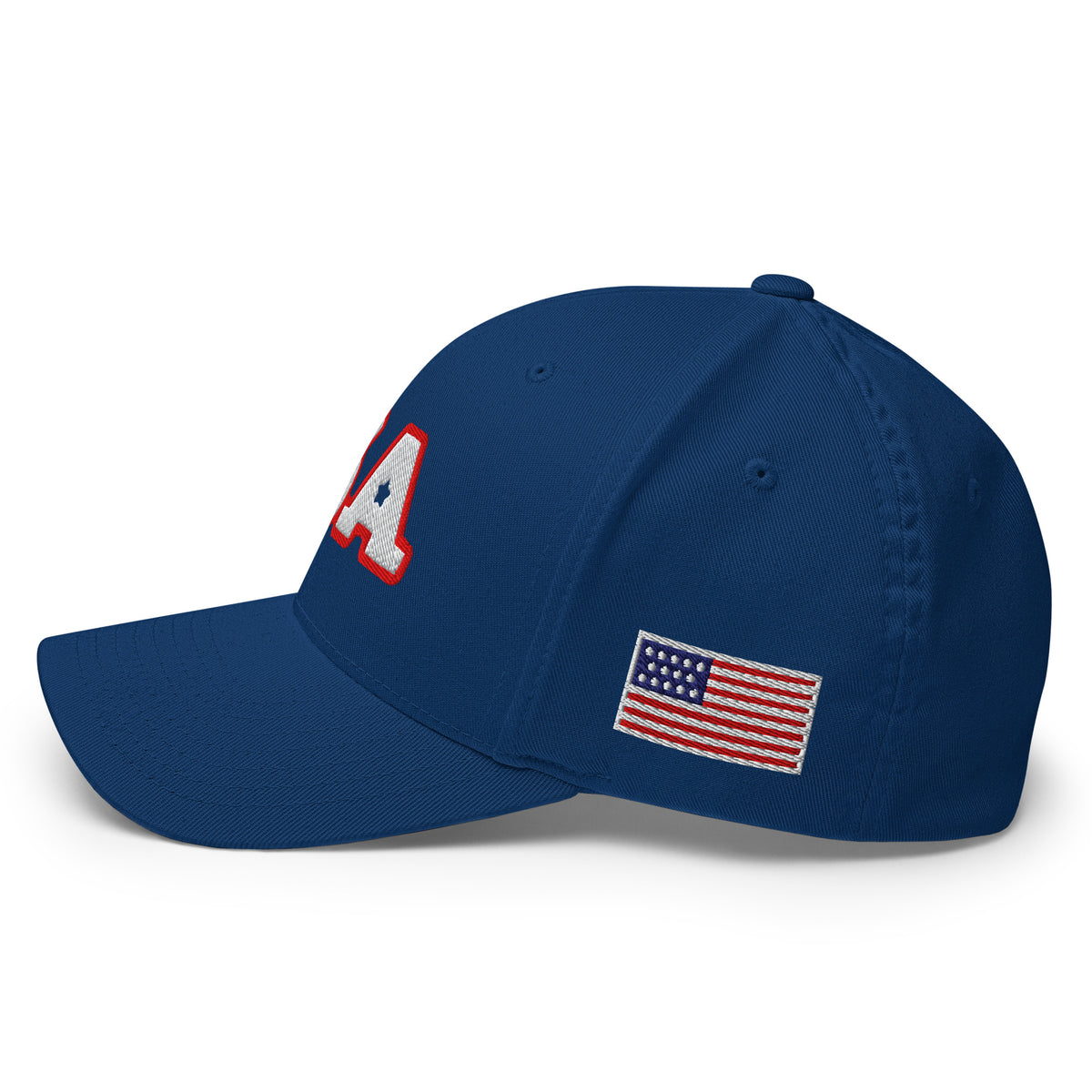 USA Puff Star A Varsity Premium Embroidered Flexfit Cap in Royal Blue left side flag | True American