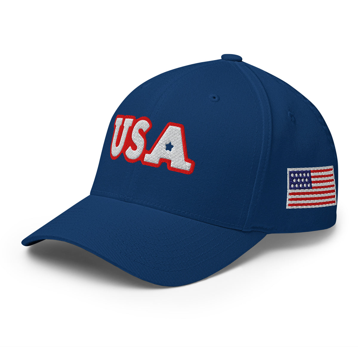 USA Puff Star A Varsity Premium Embroidered Flexfit Cap in Royal Blue left front with side flag | True American