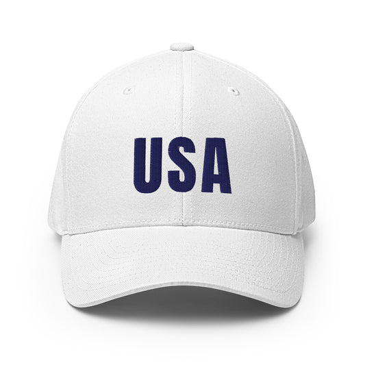 USA Puff Varsity Premium Embroidered Flexfit Cap White front | True American