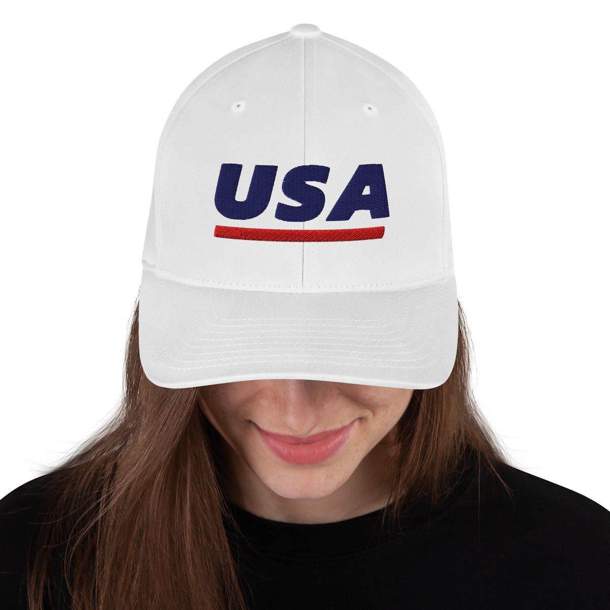 USA Puff Athletic Premium Embroidered Flexfit Cap White front | True American