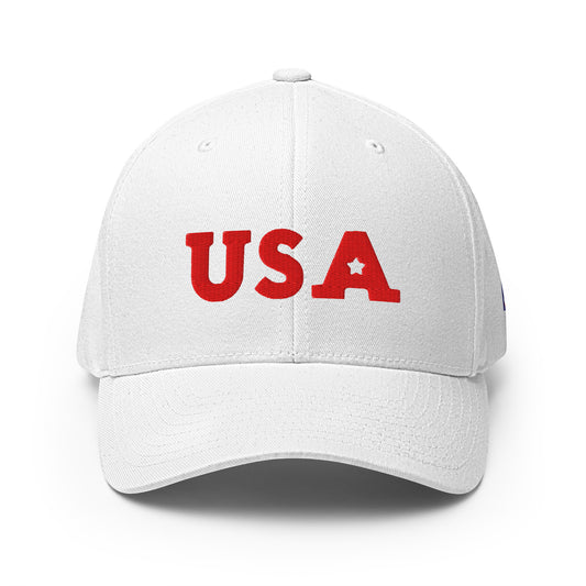 USA Puff Star Crown Premium Embroidered Flexfit Cap in White front | True American