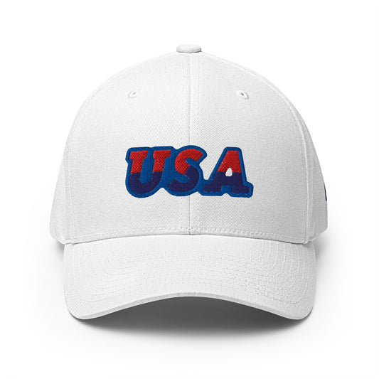 USA Puff Speed Slant Premium Embroidered Flexfit Cap in White front | True American