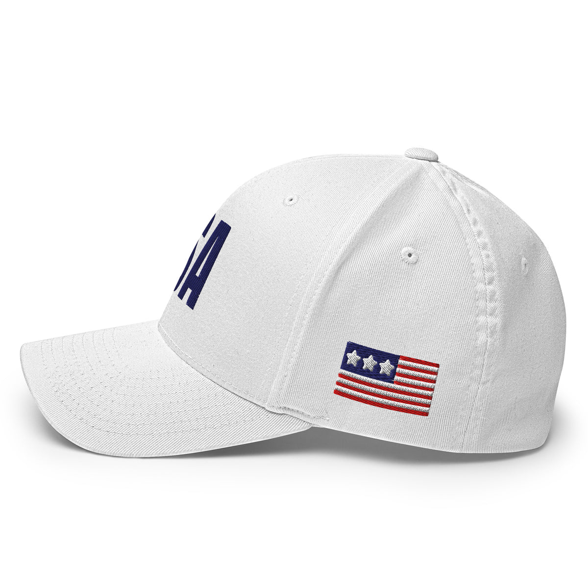 USA Puff Varsity Premium Embroidered Flexfit Cap White left side flag | True American