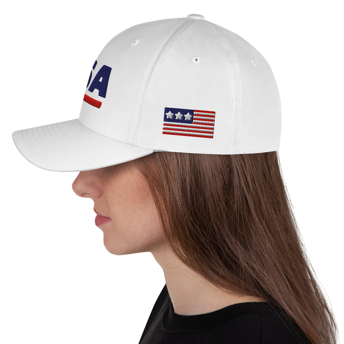 USA Puff Athletic Premium Embroidered Flexfit Cap White left side flag | True American