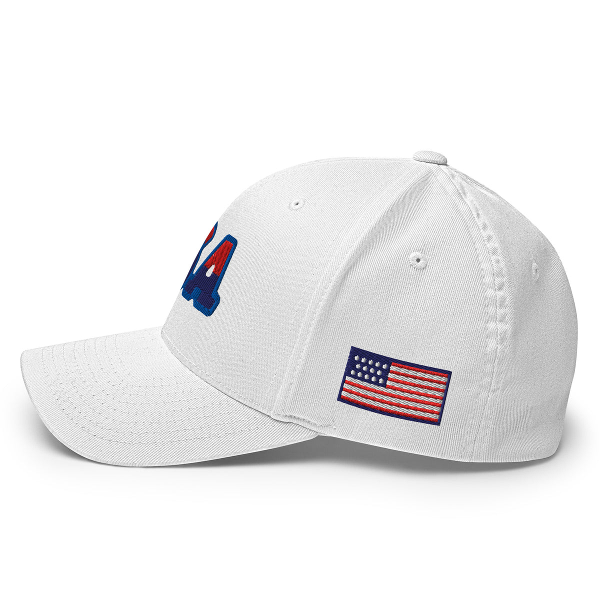 USA Puff Speed Slant Premium Embroidered Flexfit Cap in White left side flag | True American