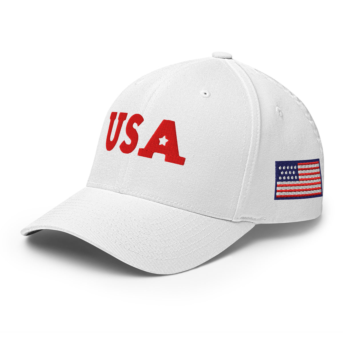 USA Puff Star Crown Premium Embroidered Flexfit Cap in White left front with side flag | True American