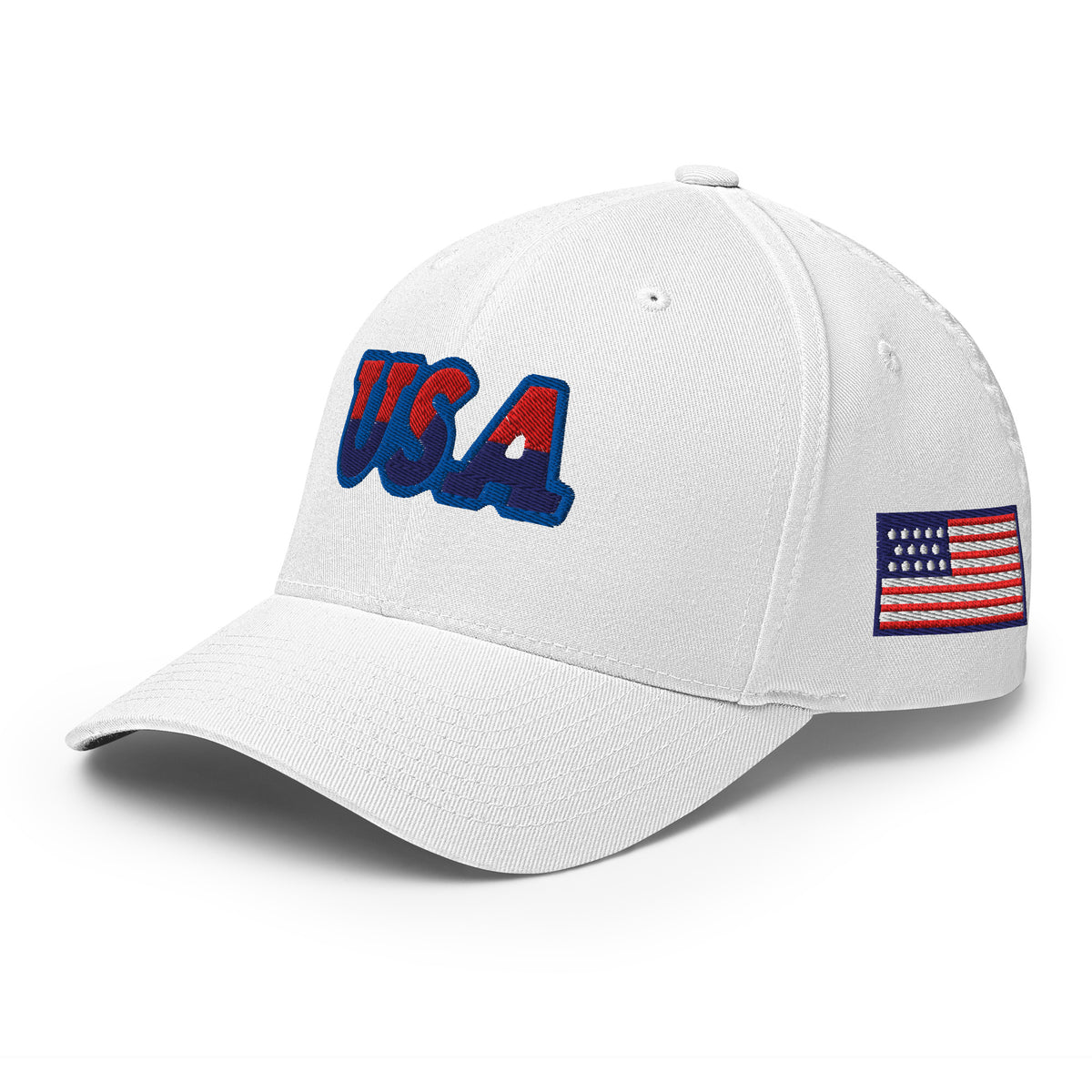 USA Puff Speed Slant Premium Embroidered Flexfit Cap in White left front with side flag | True American