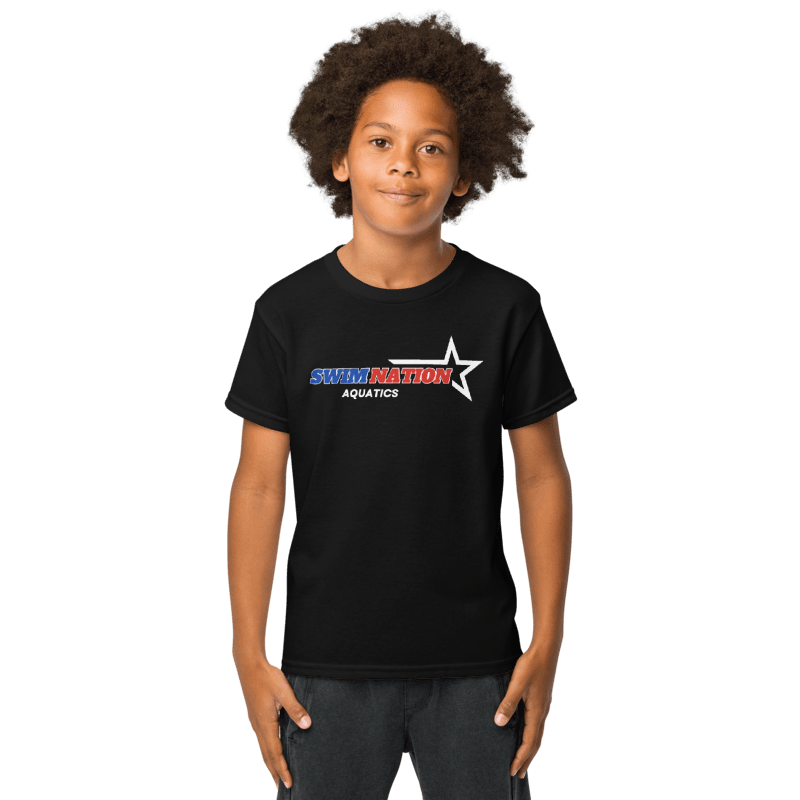 Child wearing a black t-shirt with 'SwimNation Aquatics' logo on a white background