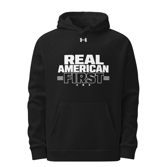 Real American First UA Hoodie, Black, front view