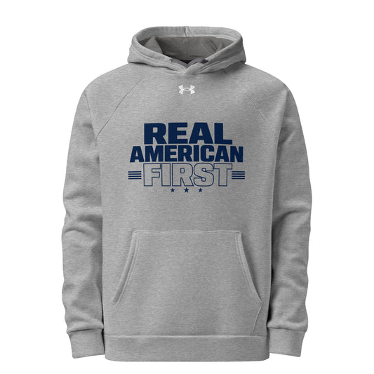 Real American First UA Hoodie, Grey, front view