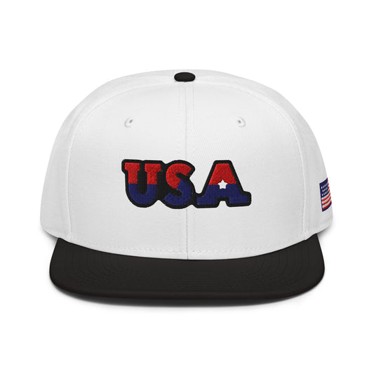 USA Puff Heritage Split Premium Embroidered Snapback in White/Black front | True American