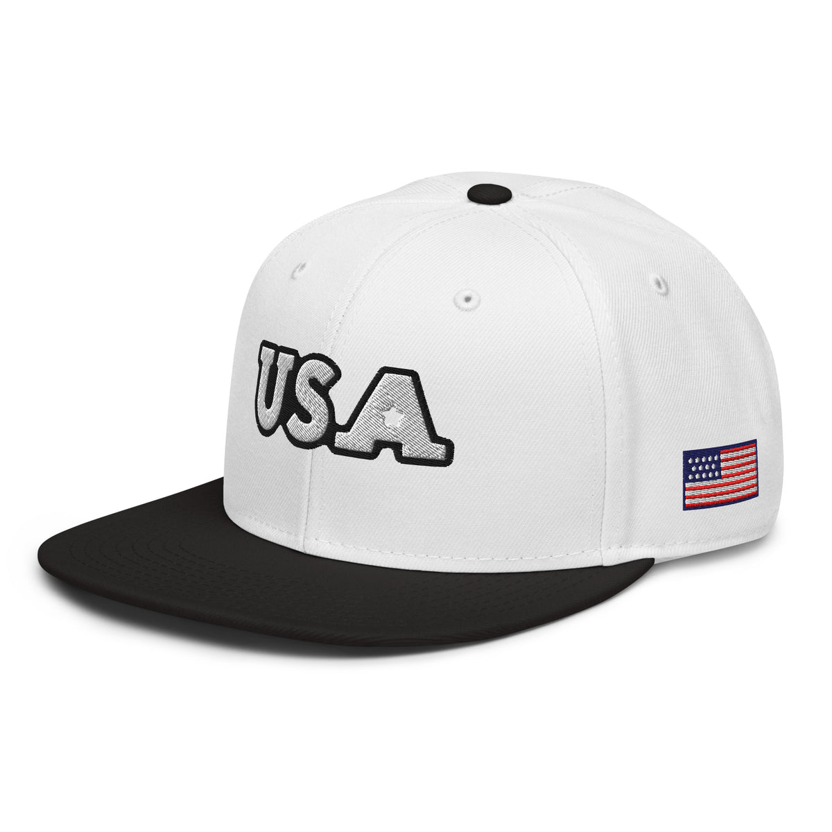 USA Puff Tonal Premium Embroidered Snapback in White/Black left front with side flag | True American