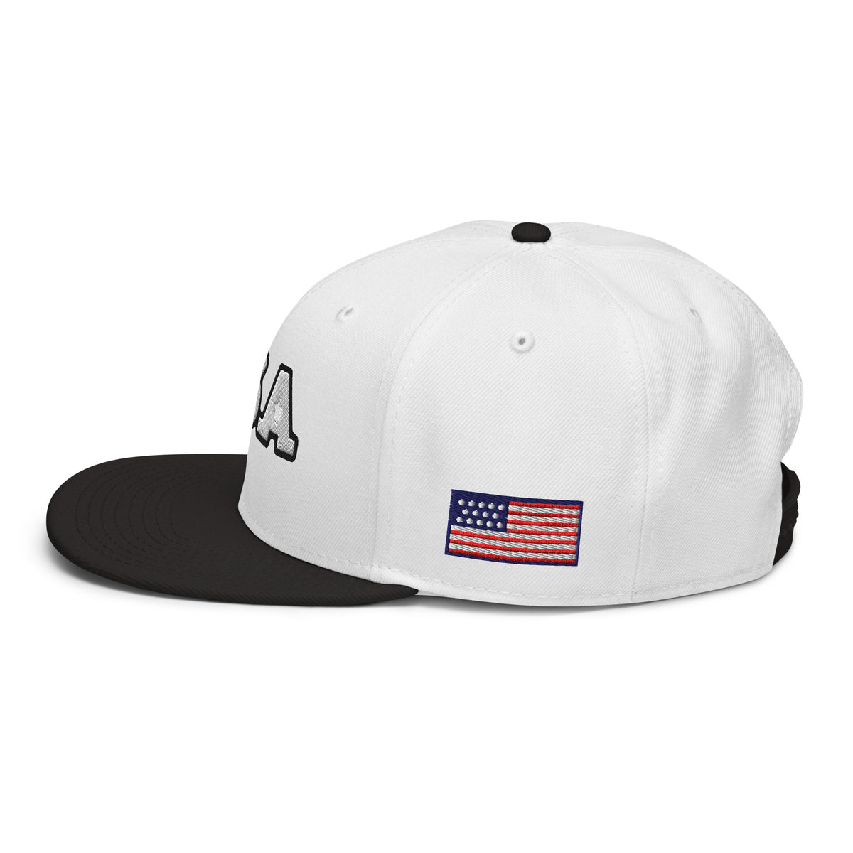 USA Puff Tonal Premium Embroidered Snapback in White/Black left side flag | True American