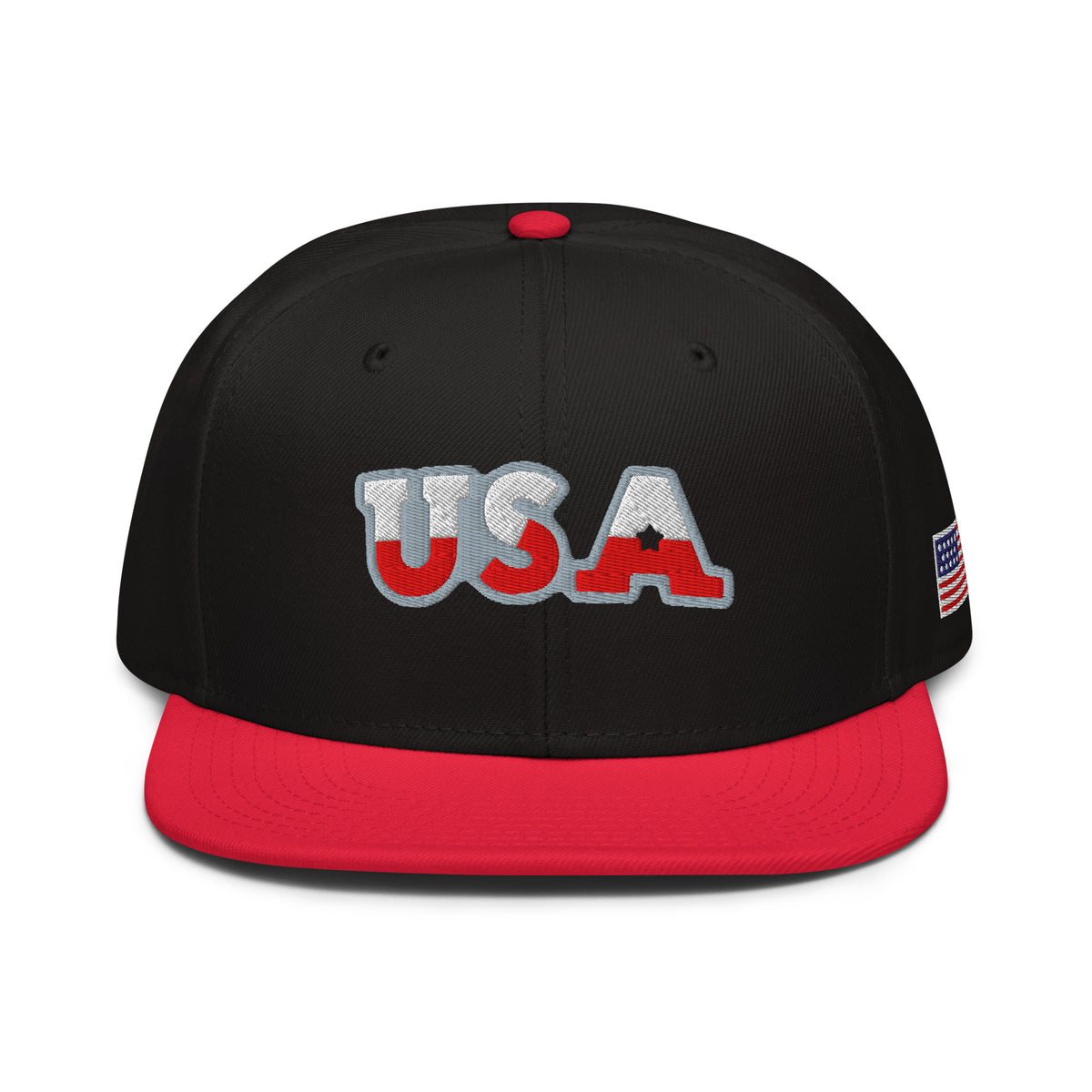 USA Puff Arched Split Premium Embroidered Snapback in Black/Red front | True American
