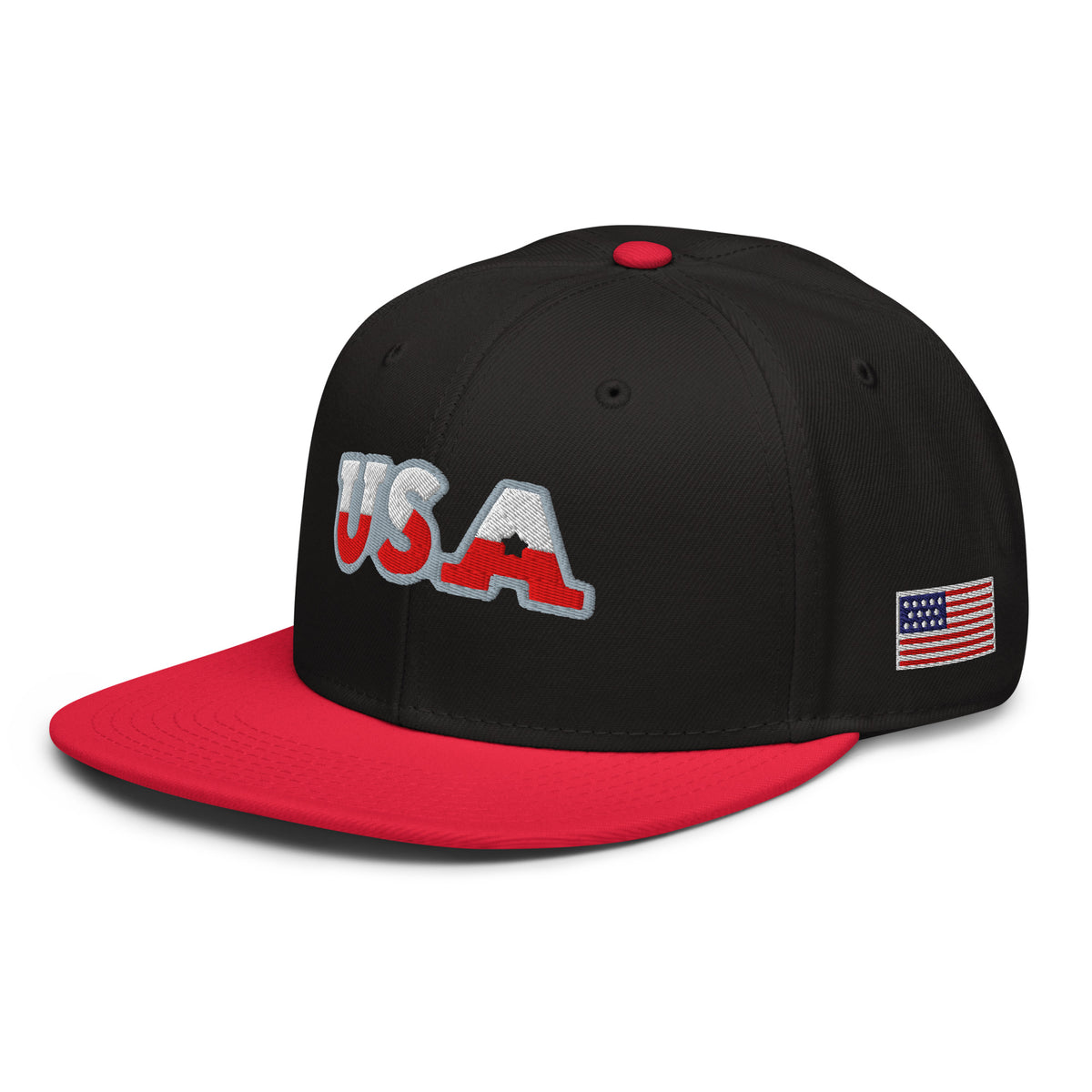 USA Puff Arched Split Premium Embroidered Snapback in Black/Red left front with side flag | True American