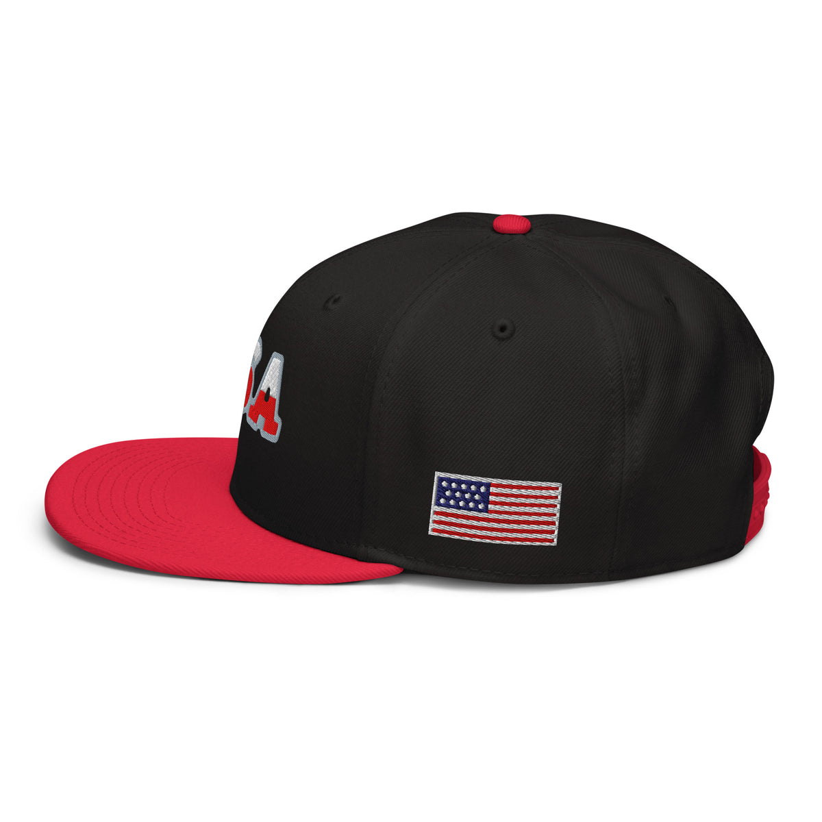 USA Puff Speed Slant Premium Embroidered Snapback in Black/Red left side flag | True American