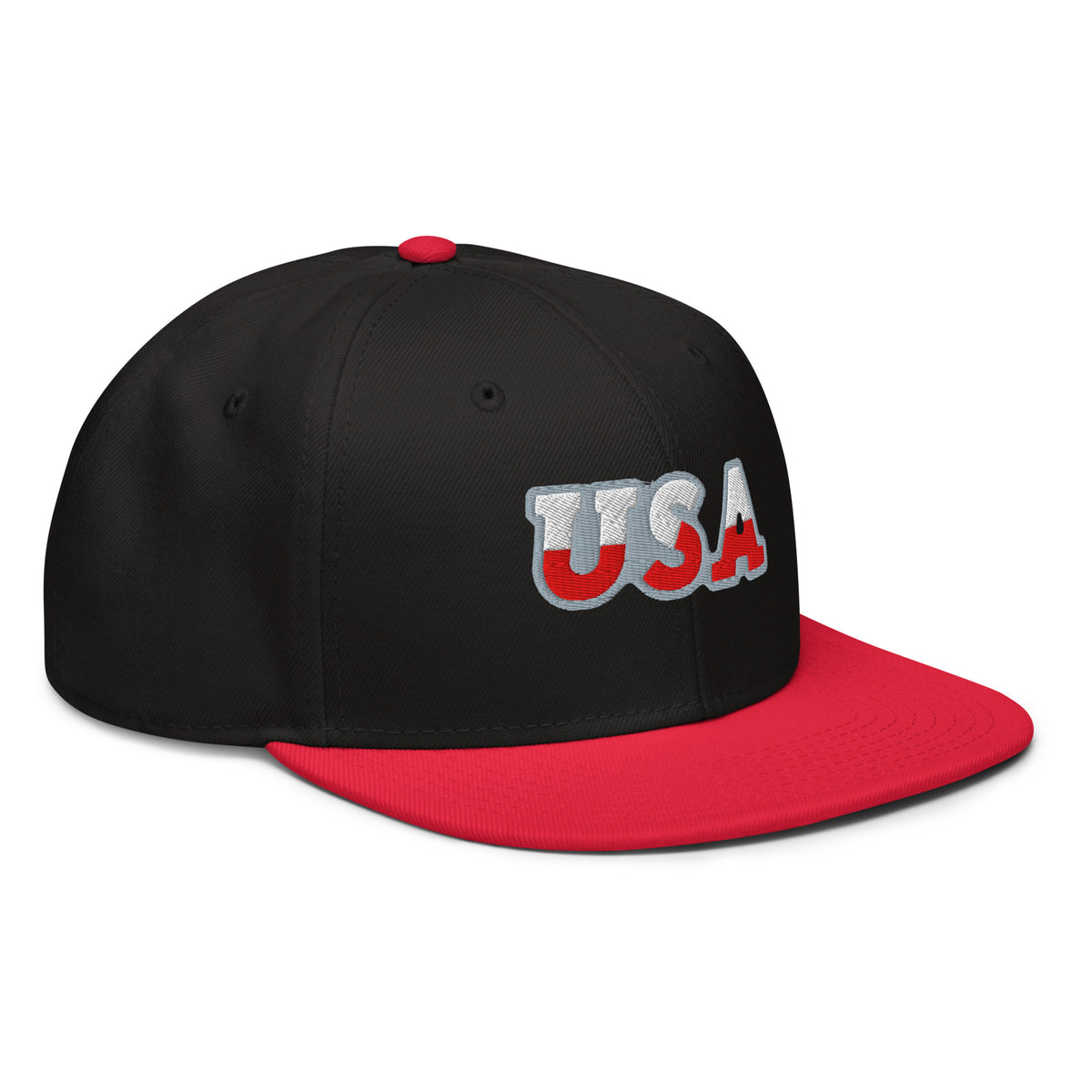 USA Puff Speed Slant Premium Embroidered Snapback in Black/Red right front | True American