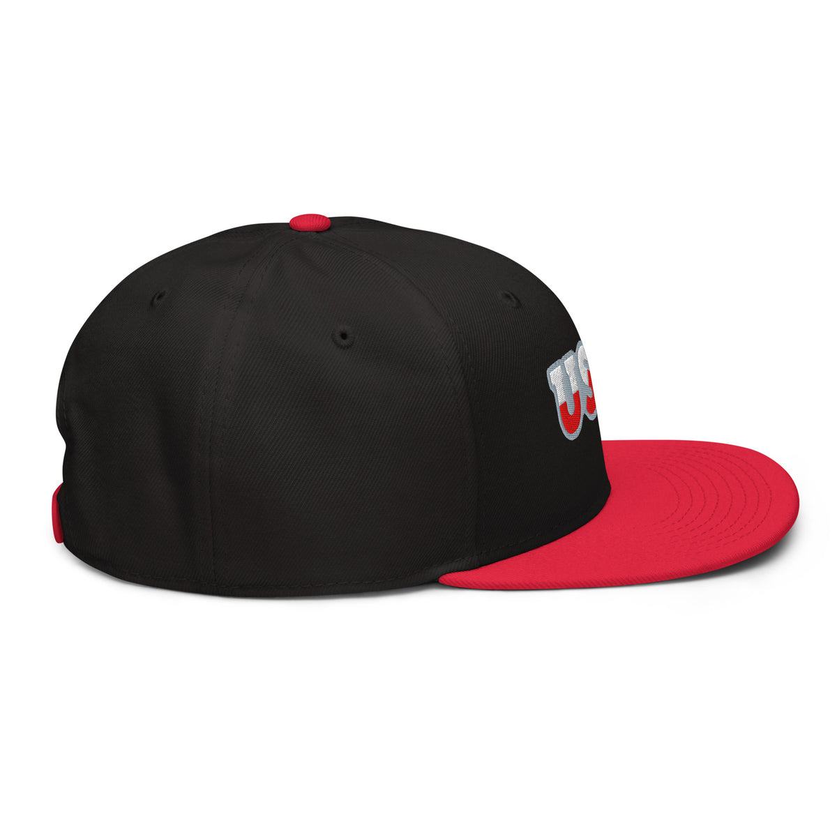 USA Puff Arched Split Premium Embroidered Snapback in Black/Red right side | True American