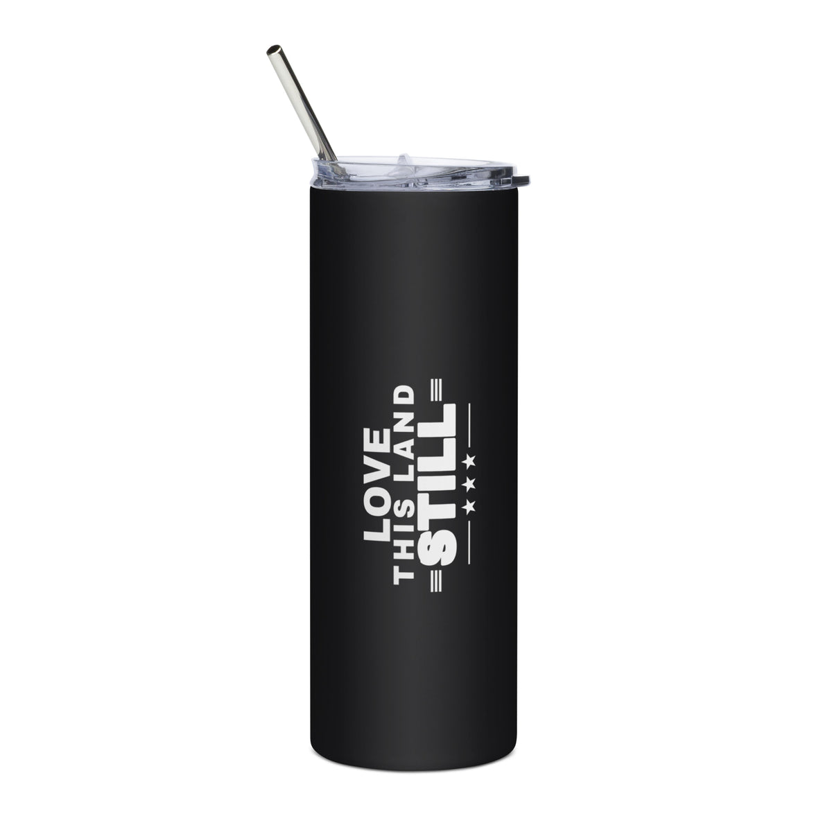 Love This Land Still 20oz black stainless steel tumbler with white print, back | True American