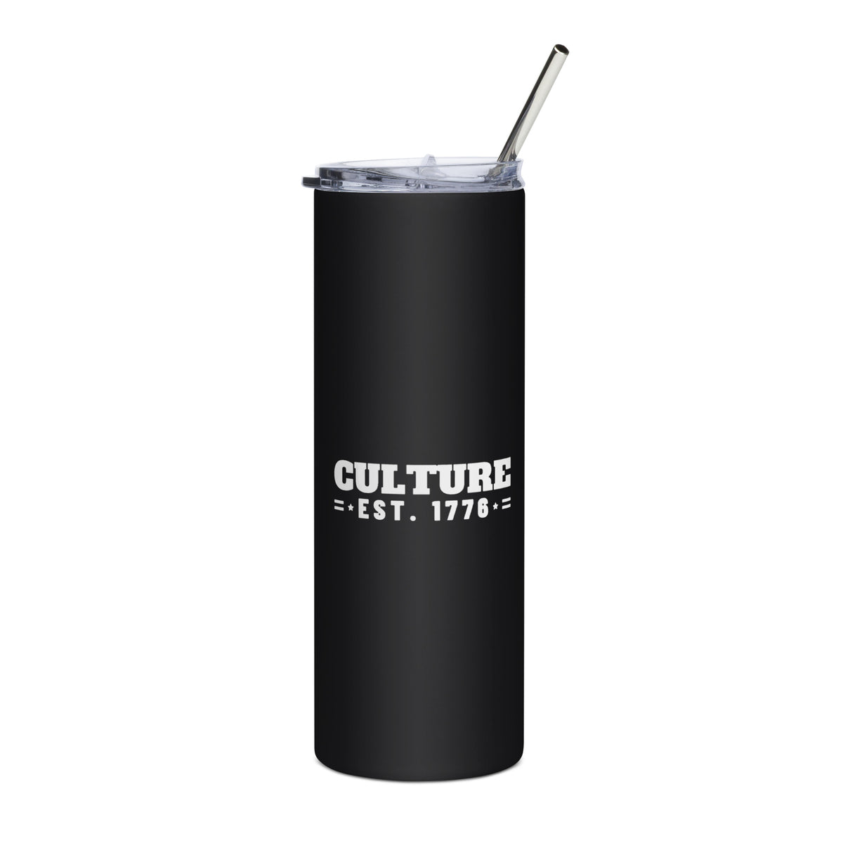 Culture Est. 1776 Stacked 20oz black stainless steel tumbler with white print, front | True American