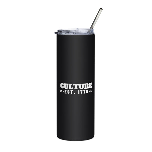 Culture Est. 1776 Stacked 20oz black stainless steel tumbler with white print, front | True American