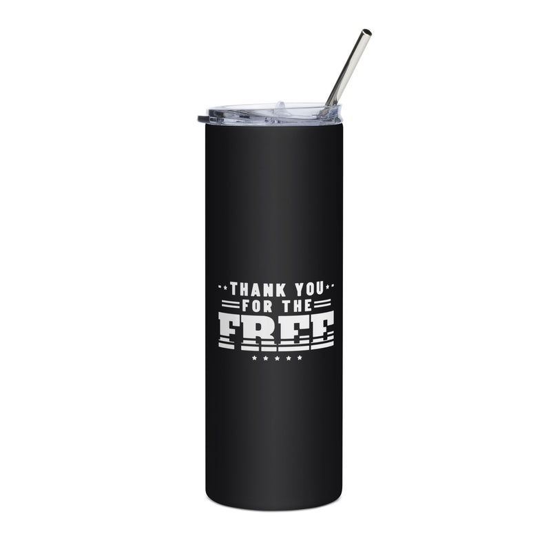 Thank You for the Free 20oz black stainless steel tumbler with white print, front | True American
