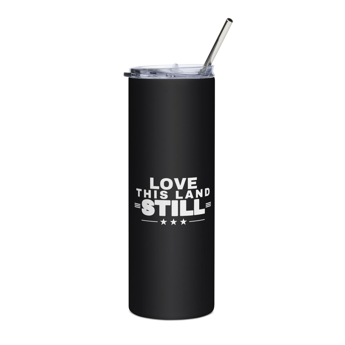 Love This Land Still 20oz black stainless steel tumbler with white print, front | True American