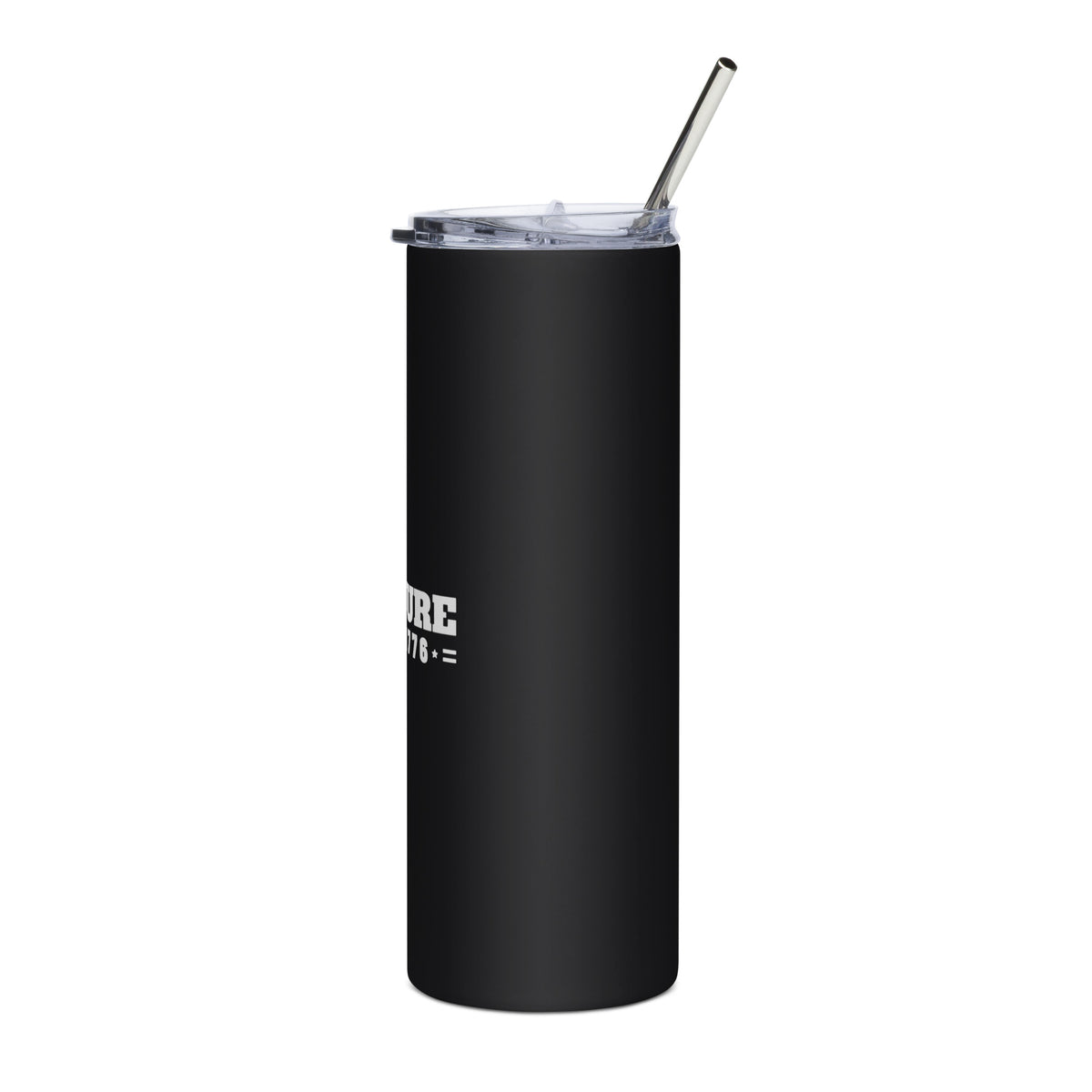 Culture Est. 1776 Stacked 20oz black stainless steel tumbler with white print, left side | True American