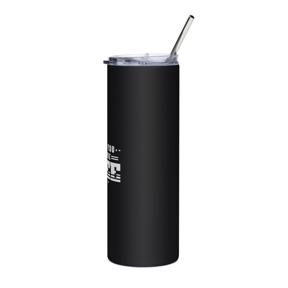 Thank You for the Free 20oz black stainless steel tumbler with white print, left side | True American