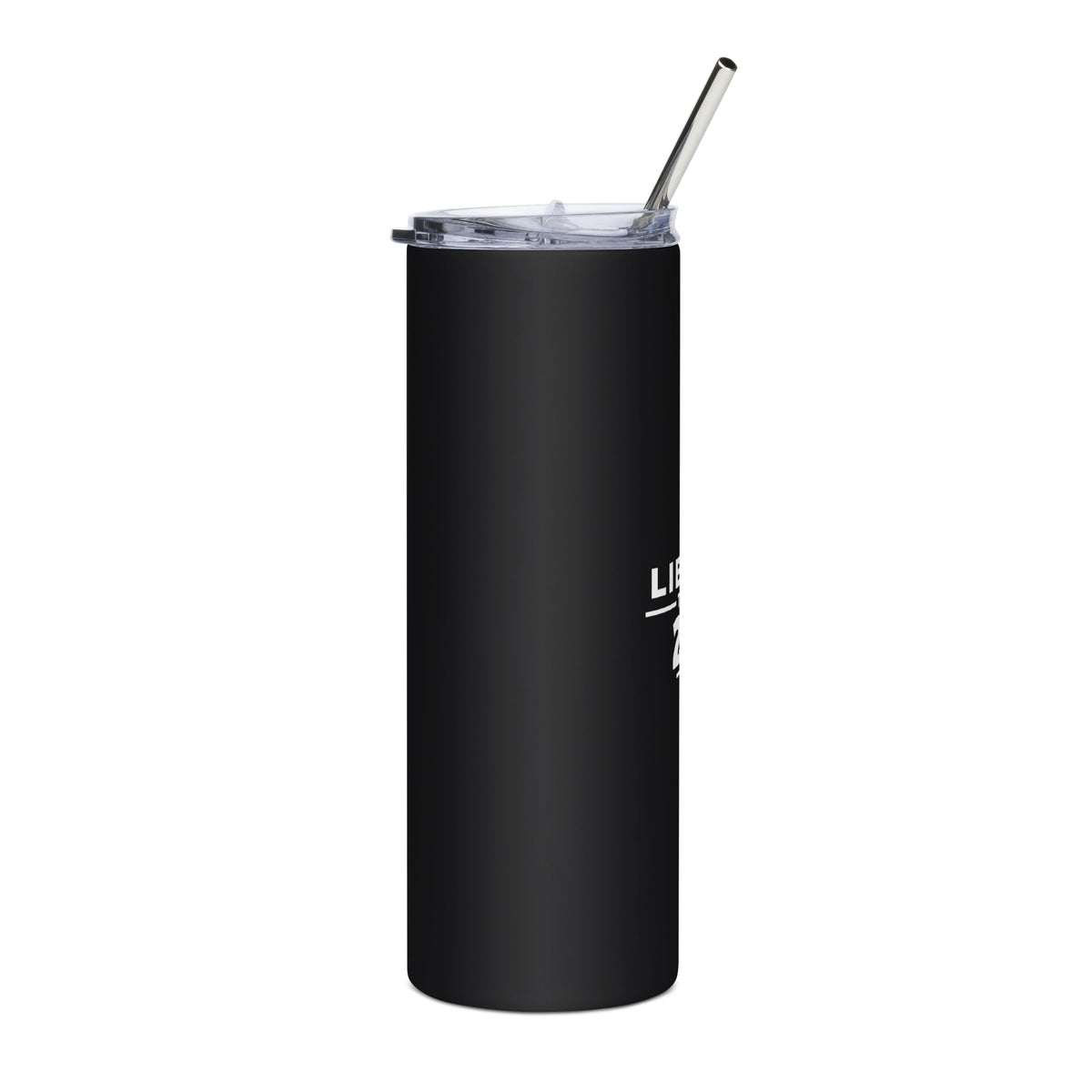Liberty Turns 250 20oz black stainless steel tumbler with white print, right side | True American