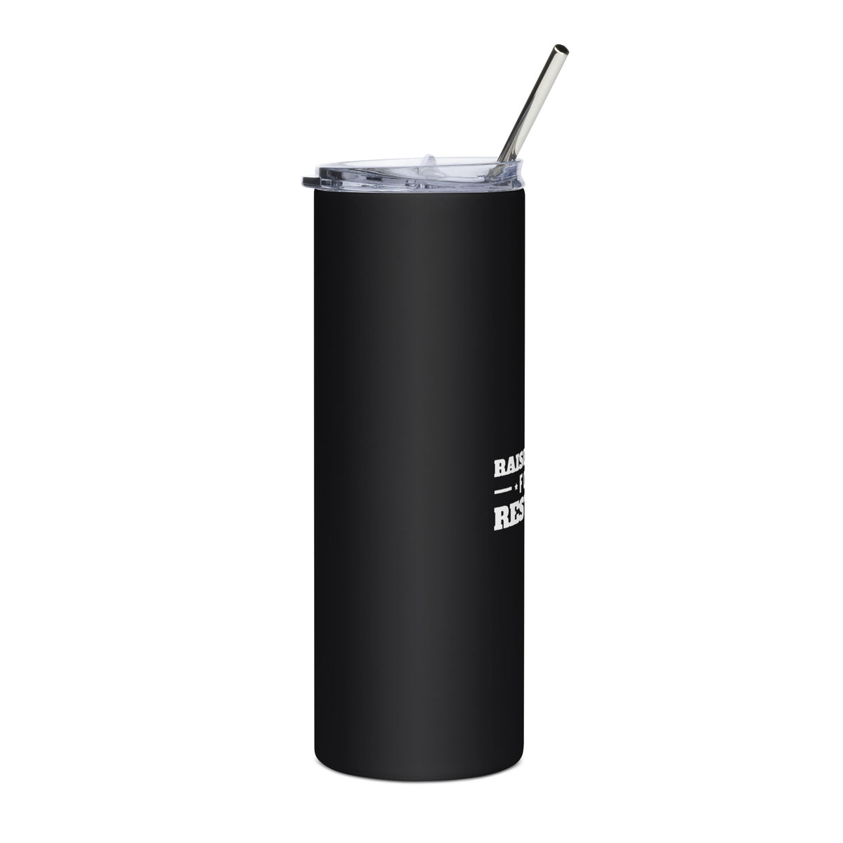 Raised a Hand for the Rest of Us 20oz black stainless steel tumbler with white print, right side | True American