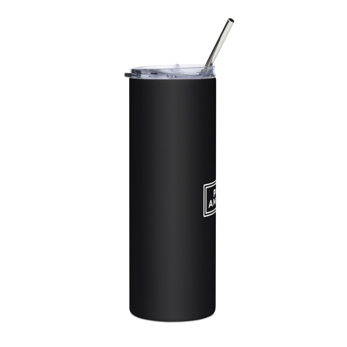Proud American Framed 20oz black stainless steel tumbler with white print, right side | True American