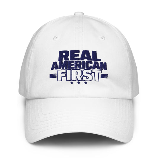 Real American First Baseball Cap, Patriotic UA Dad Hat, White, front view