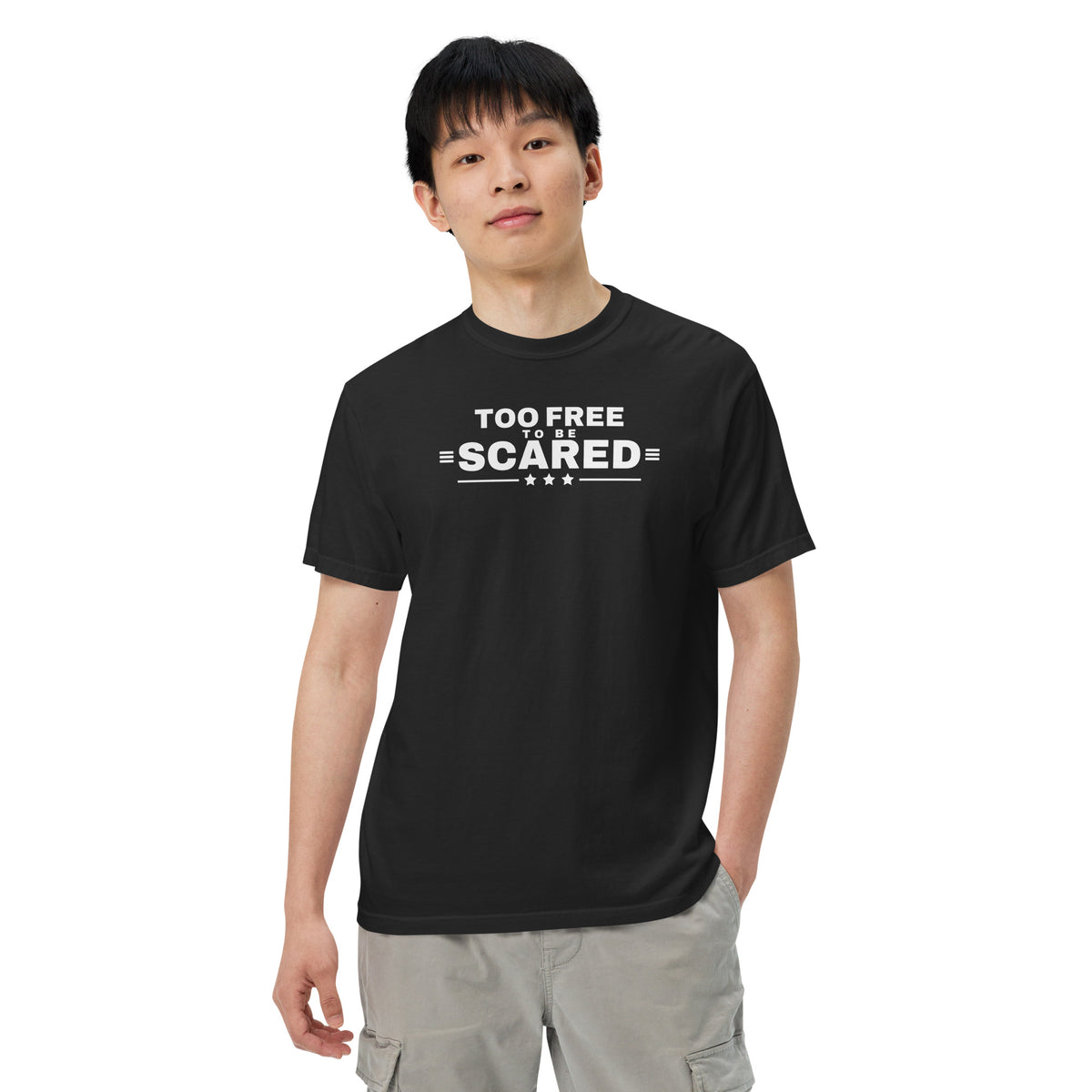 Too Free to Be Scared Heavyweight Tee Black on model front, relaxed pose | True American