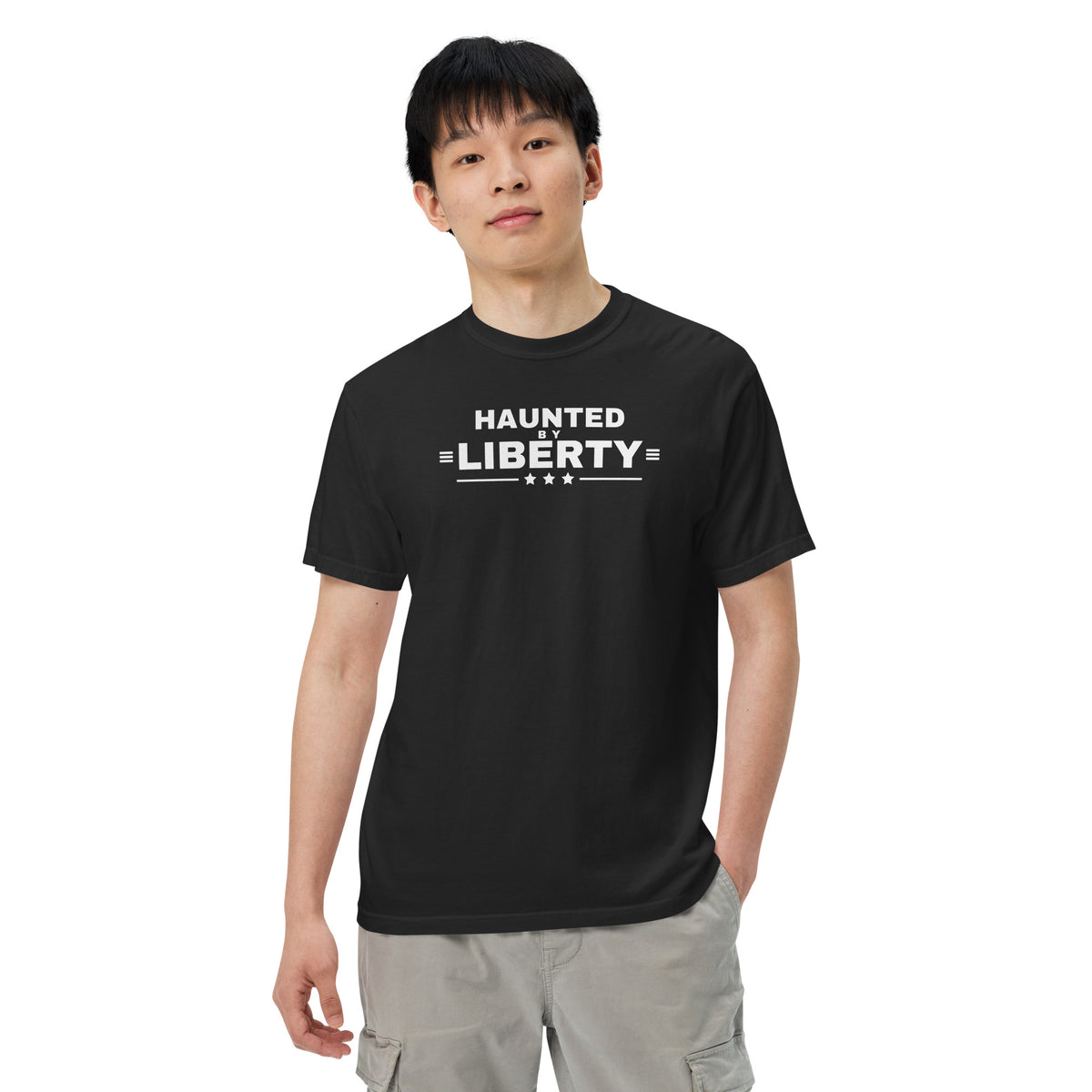 Haunted by Liberty Heavyweight Tee Black on model front, relaxed pose | True American
