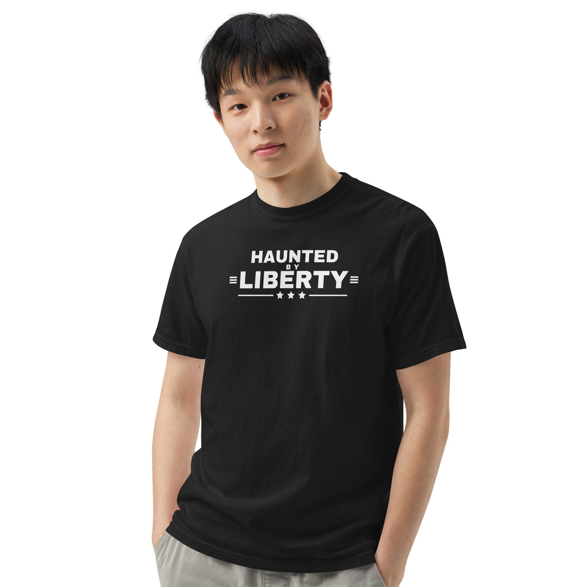Haunted by Liberty Heavyweight Tee Black on model front, close up | True American