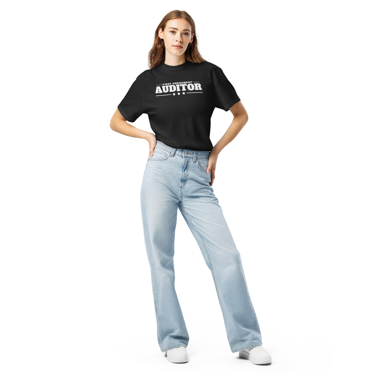 First Amendment Auditor Heavyweight Tee Black on model front, relaxed fit | True American