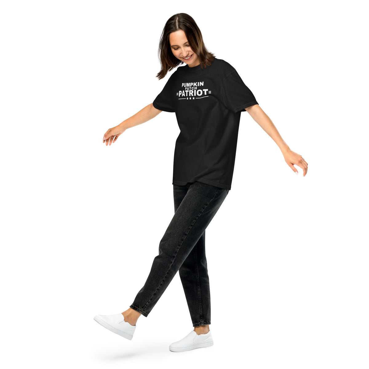 Pumpkin Patch Patriot Heavyweight Tee Black on model front, full length | True American