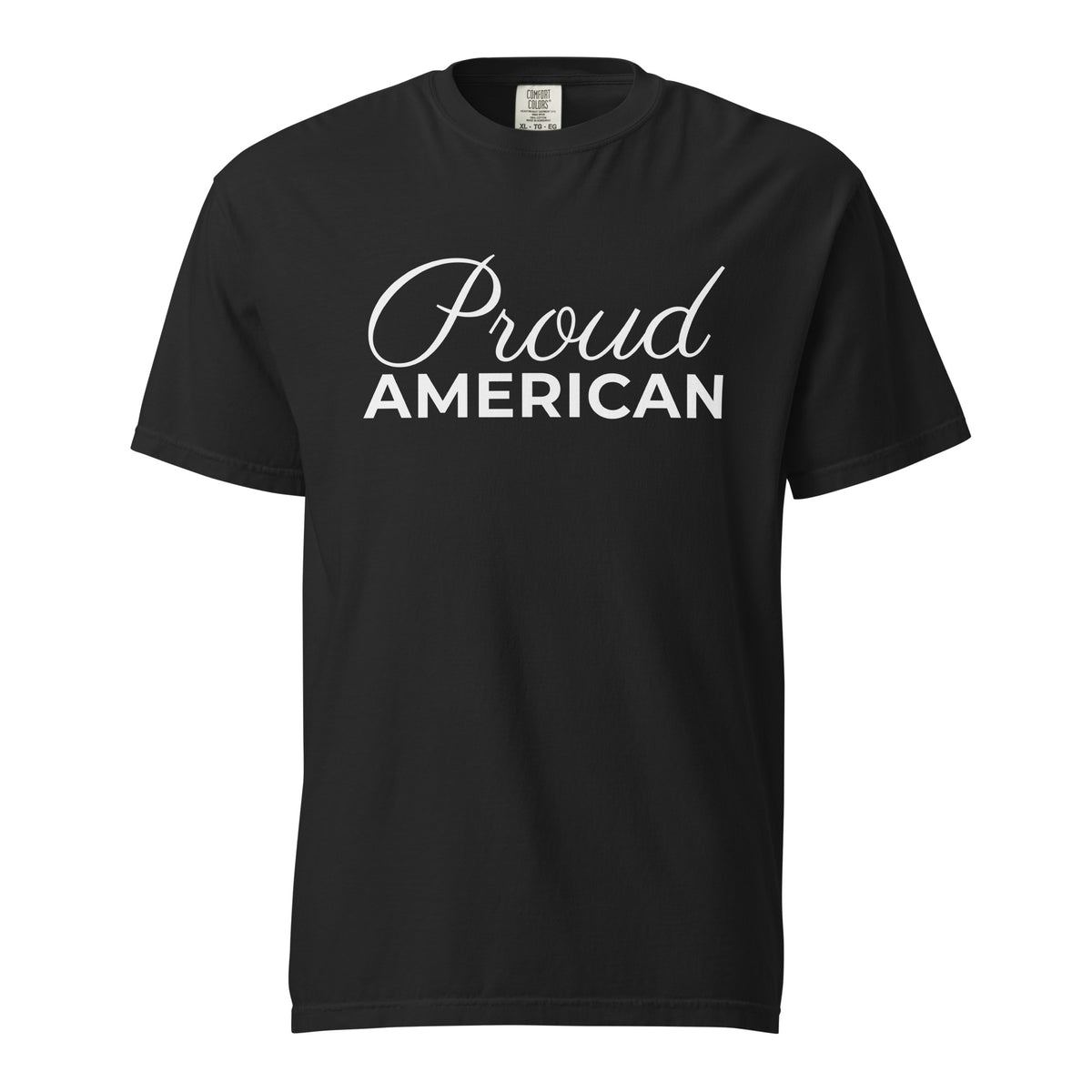 Proud American Script Heavyweight Tee Black flat front | True American
