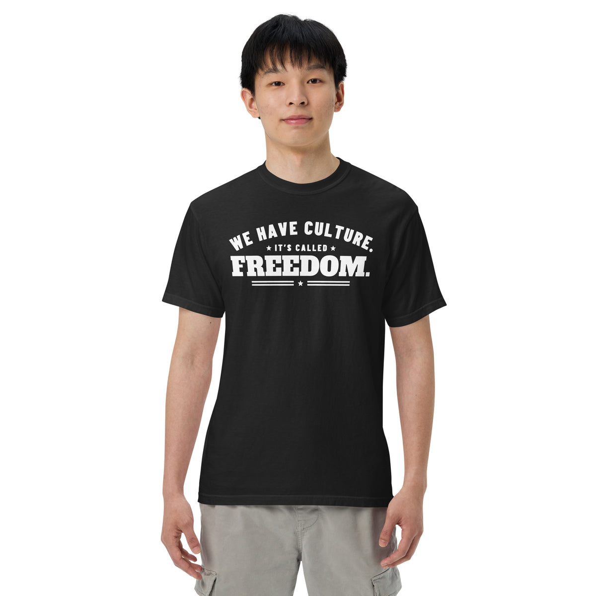 We Have Culture It's Called Freedom Arched Tee in Black, front, on male model | True American