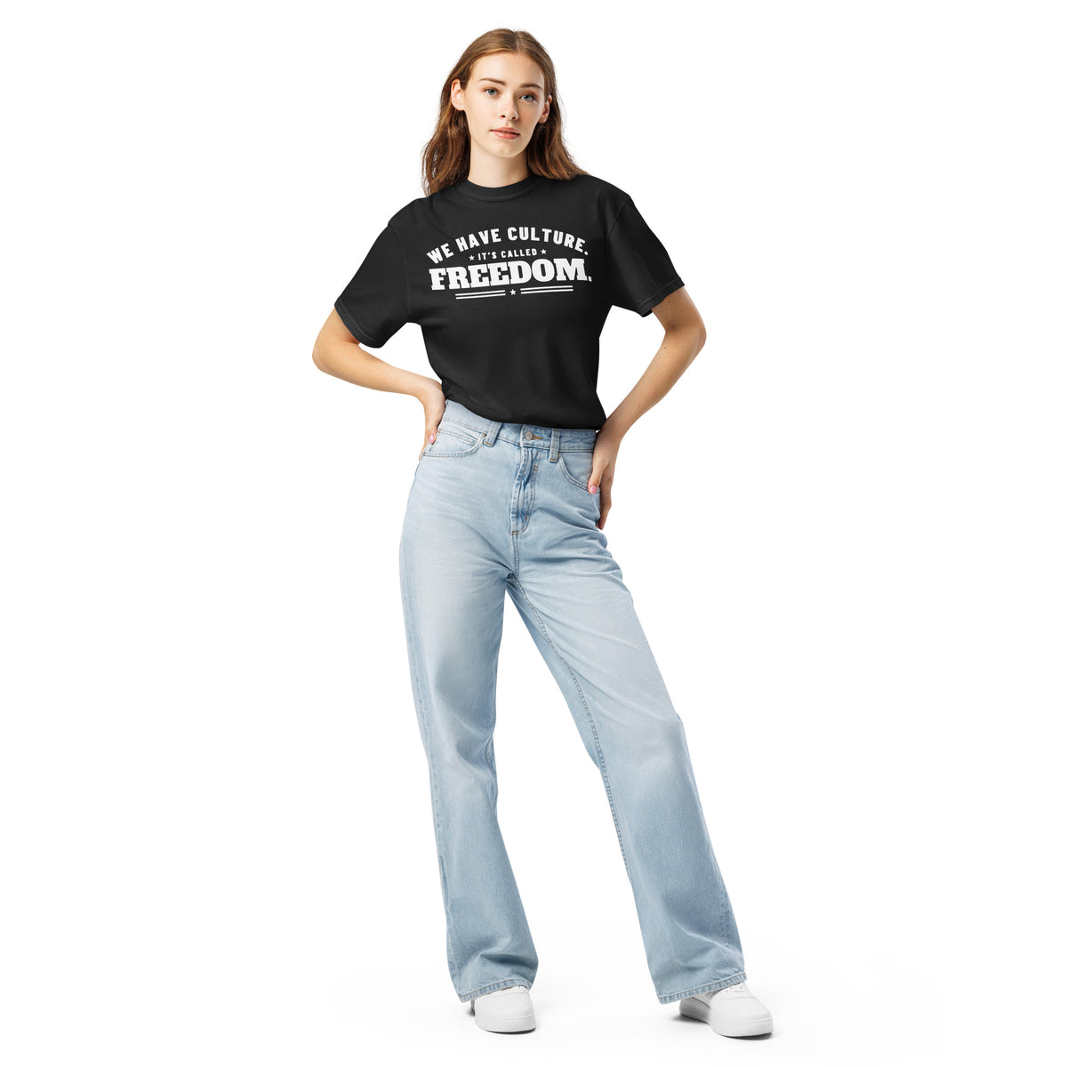 We Have Culture It's Called Freedom Arched Tee in Black, front, on female model | True American