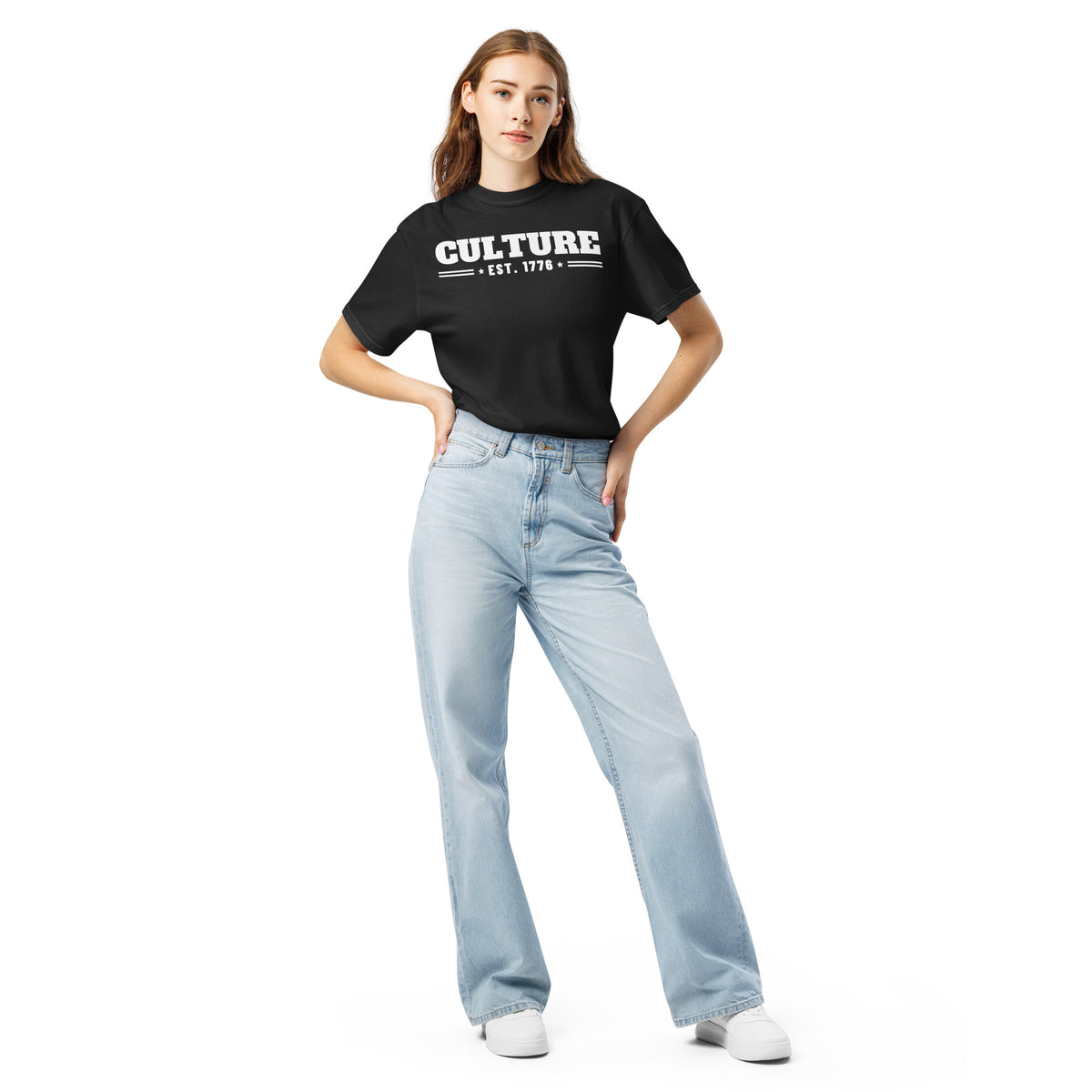 Culture Est. 1776 Stacked Tee in Black, front, on female model | True American