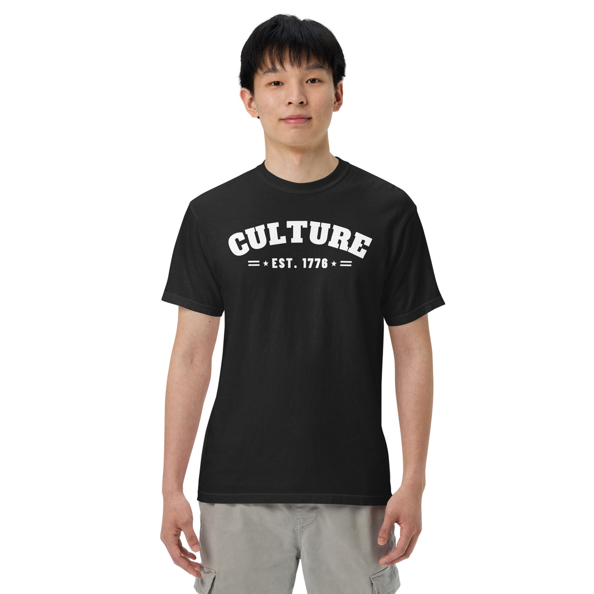 Culture Est. 1776 Arched Tee in Black, front, on male model | True American